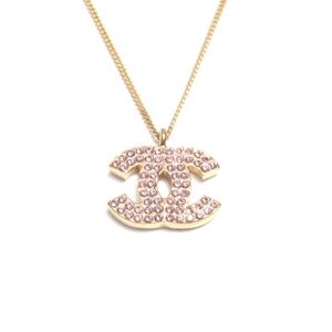 CHANEL 02P Coco Mark Rhinestone Pink Necklace in Gold